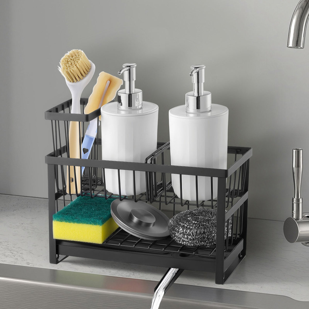 2-tier kitchen sink caddy with rotating drain spout